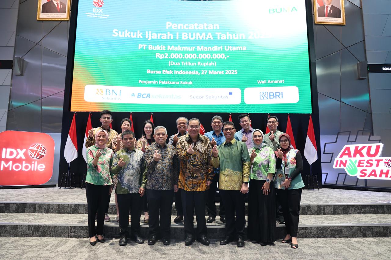 PT Bukit Makmur Mandiri Utama perdana mencatatkan Sukuk Ijarah I BUMA Tahun 2025 senilai Rp2 triliun di Bursa Efek Indonesia (BEI) pada Kamis, 27 Maret 2025.  Doc: BEI