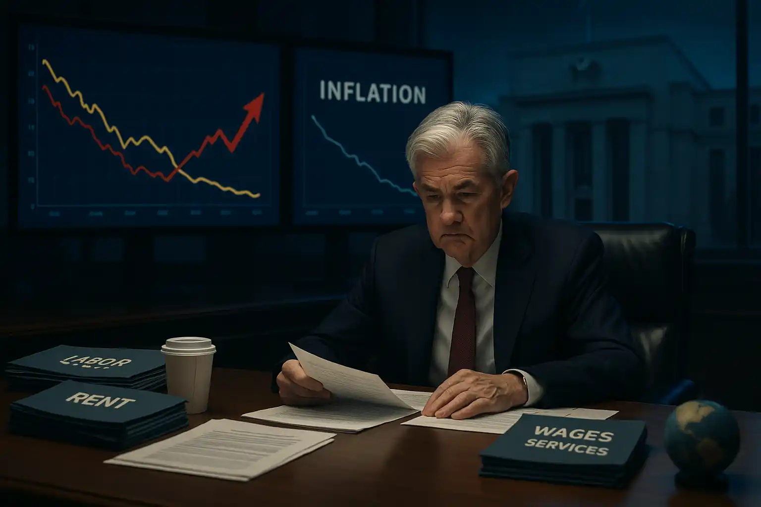 CORE melihat penurunan inflasi AS belum cukup aman. Sticky inflation dari jasa dan upah tenaga kerja bikin The Fed belum berani turunkan suku bunga. Gambar dibuat oleh AI untuk KabarBursa.com.