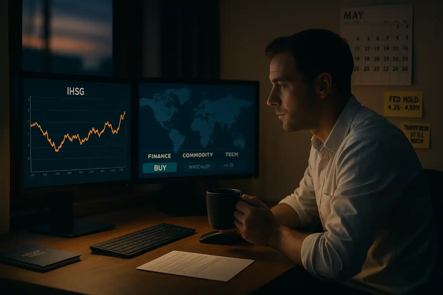 Analis menilai The Fed yang menahan suku bunga bukan kejutan. Pasar masih menarik, tapi investor sebaiknya tunggu koreksi. Gambar dibuat oleh AI untuk KabarBursa.com.