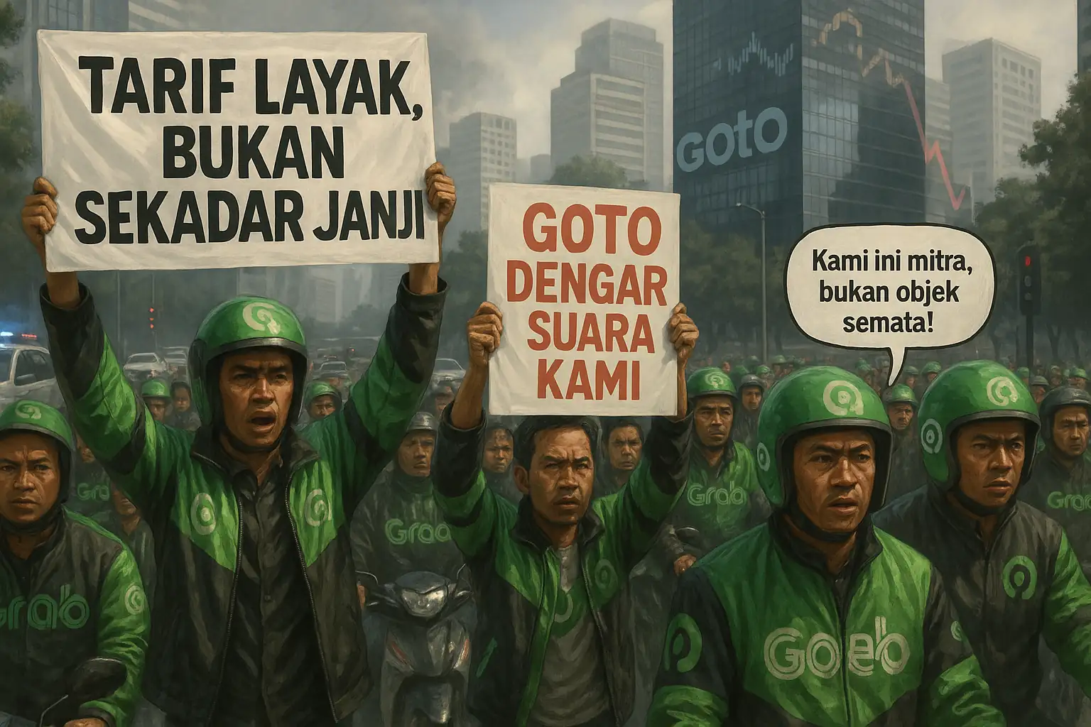 Aksi ribuan driver ojol picu risiko sosial GOTO. Saham stagnan, investor mulai waspada pada dampak jangka menengah dan aspek ESG perusahaan. Gambar dibuat oleh AI untuk KabarBursa.com.