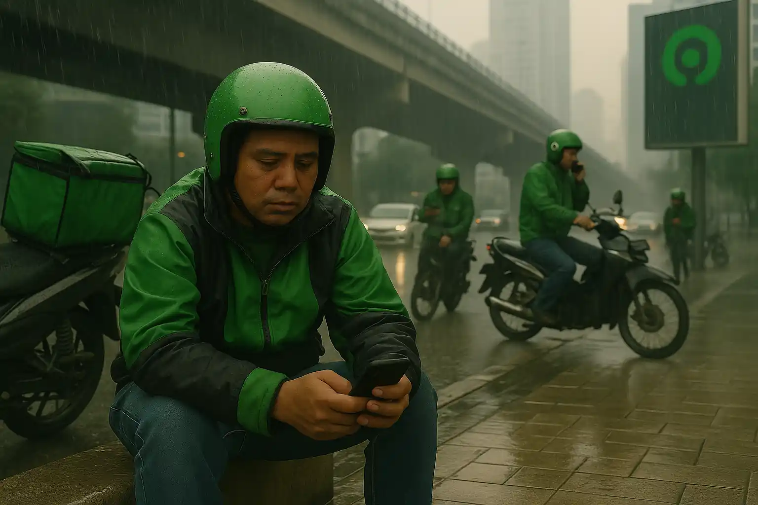 Aksi ojol bukan cuma soal tarif. Ini soal relasi kerja yang timpang di balik ekonomi digital. Negara dituntut hadir dalam ekosistem ride-hailing. Gambar dibuat oleh AI untuk KabarBursa.com.
