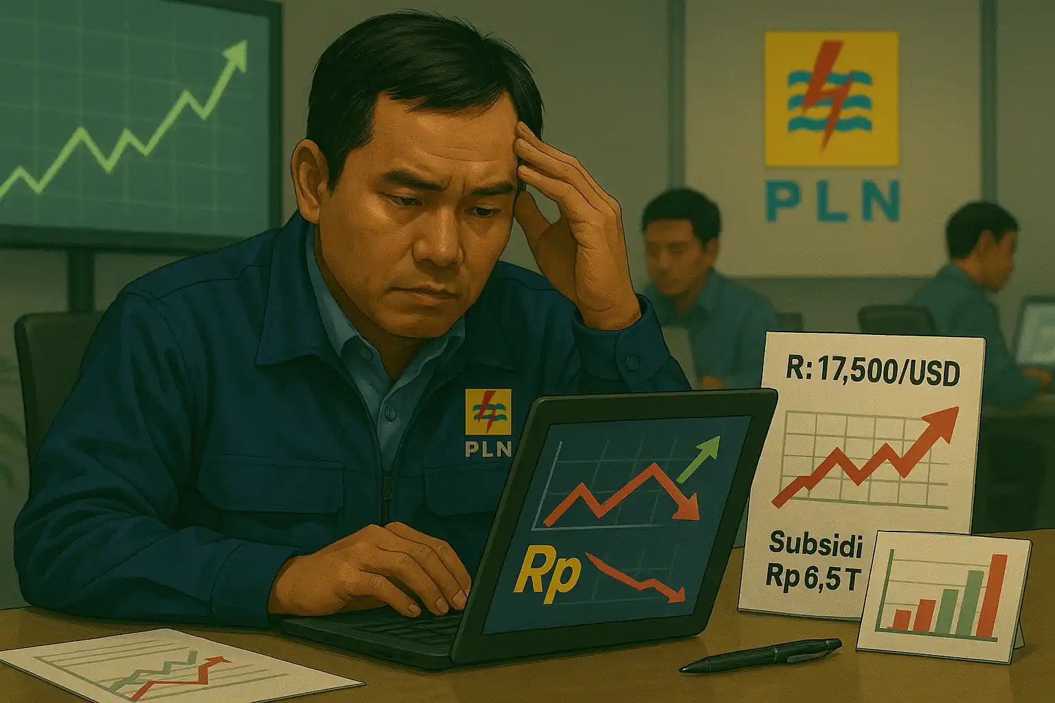 Pelemahan rupiah tingkatkan beban PLN. Biaya listrik naik, subsidi tembus Rp6,5 triliun. PLN siapkan strategi mitigasi untuk jaga stabilitas keuangan. Gambar dibuat oleh AI untuk KabarBursa.com.