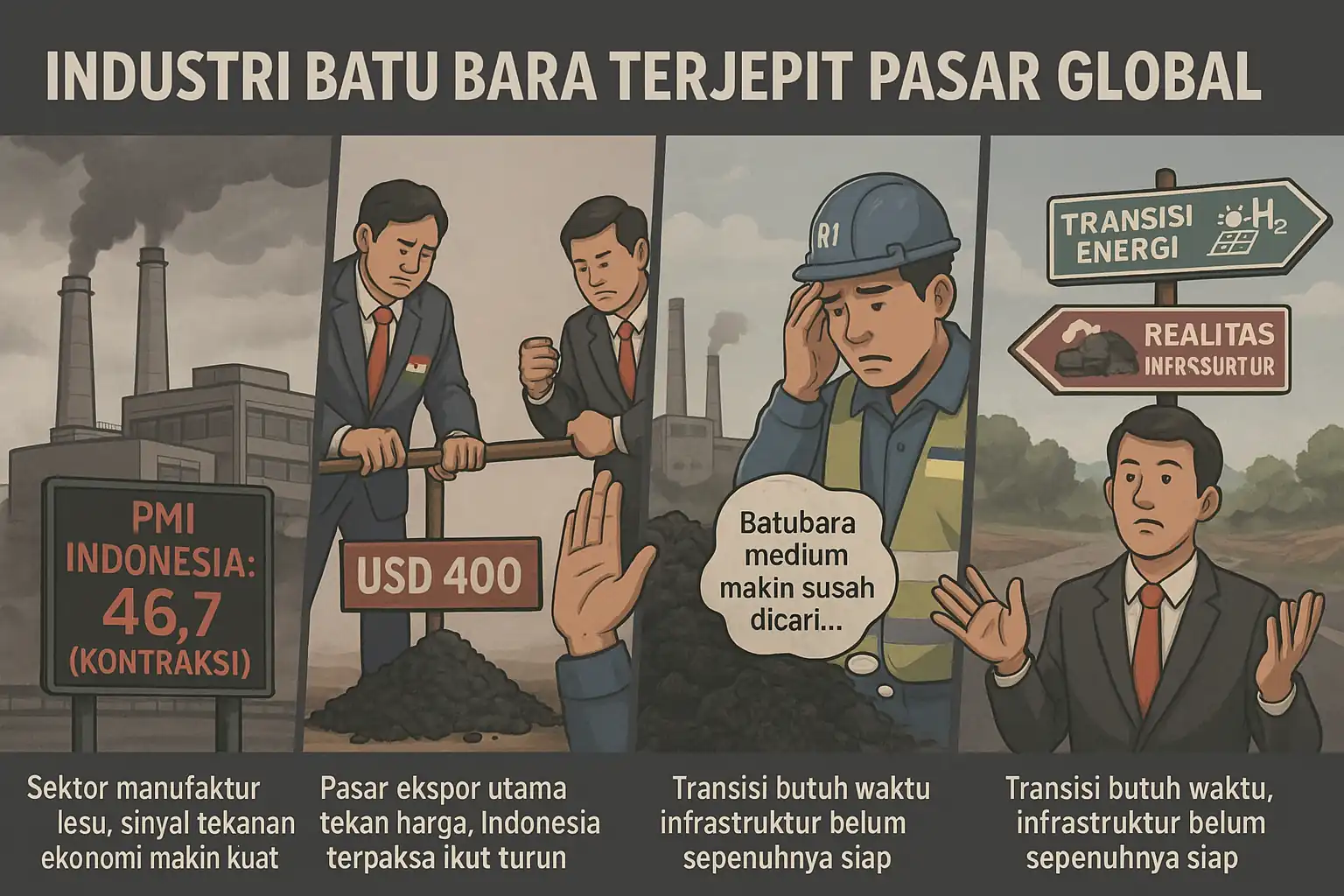 Industri batu bara Indonesia terjepit tekanan global, harga ekspor mentok, PLN kekurangan pasokan. Pemerintah diminta koreksi strategi produksi. Gambar dibuat oleh AI untuk KabarBursa.com.