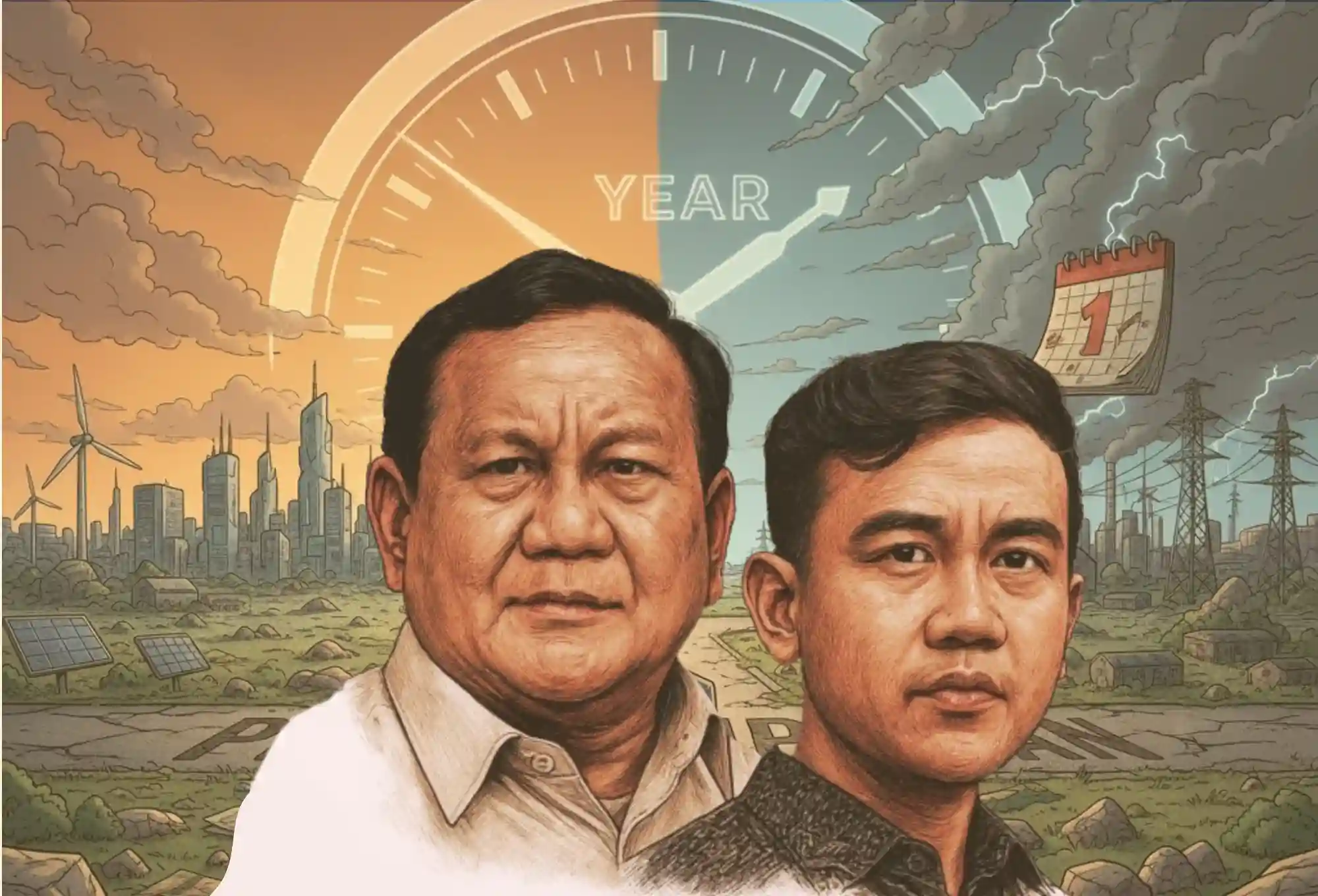 Ilustrasi satu tahun Prabowo Subianto dan Wakil Presiden Gibran Rakabuming  (foto:Kabarbursa.com)