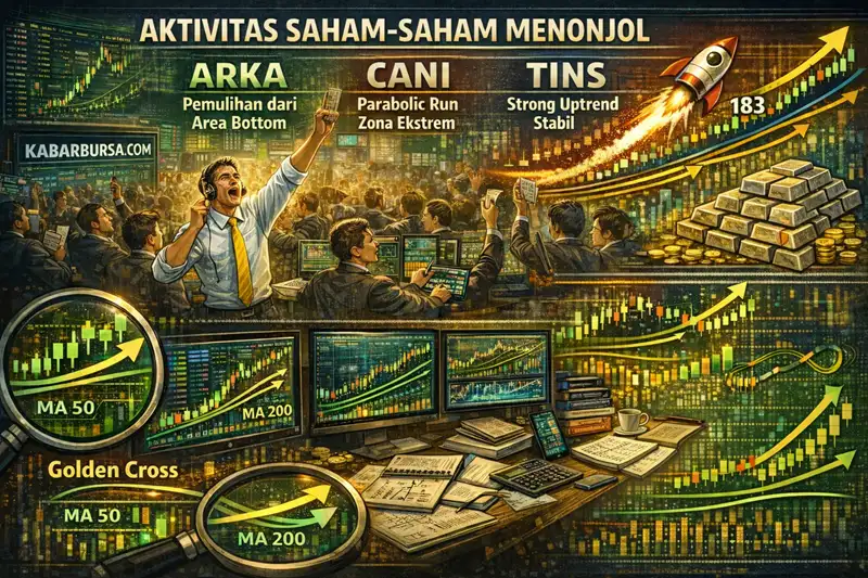 Ilustrasi performa saham TINS, CANI dan ARKA. Gambar dibuat oleh AI untuk KabarBursa.com.