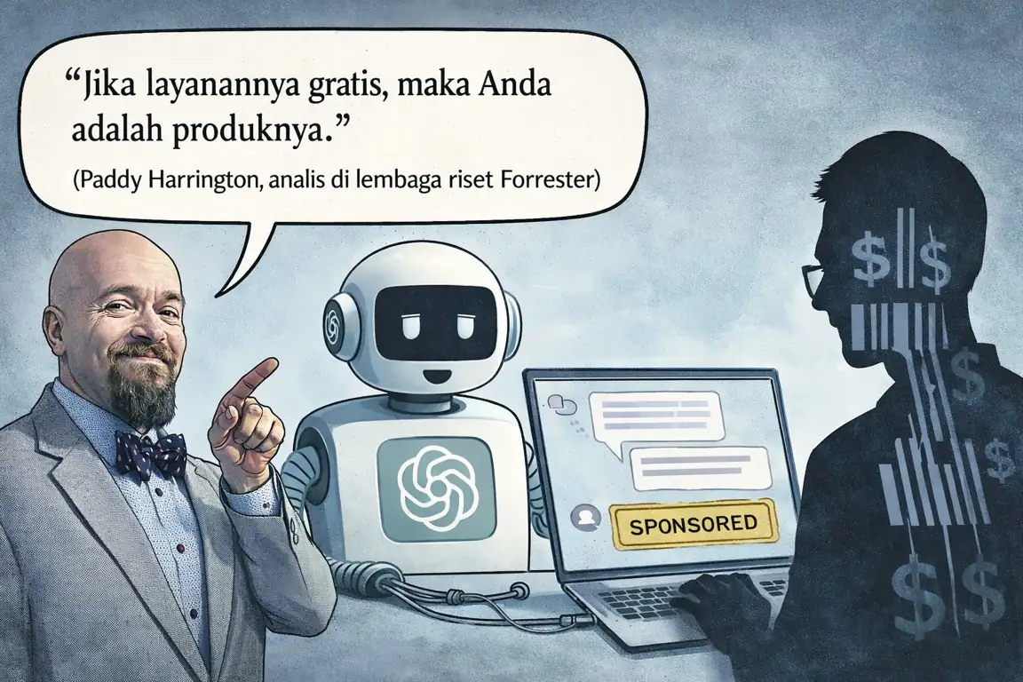 ChatGPT akan menampilkan iklan bagi pengguna gratis. OpenAI mencari sumber pendapatan baru di tengah lonjakan pengguna dan beban biaya AI. (Gambar dibuat oleh AI dan dikurasi oleh