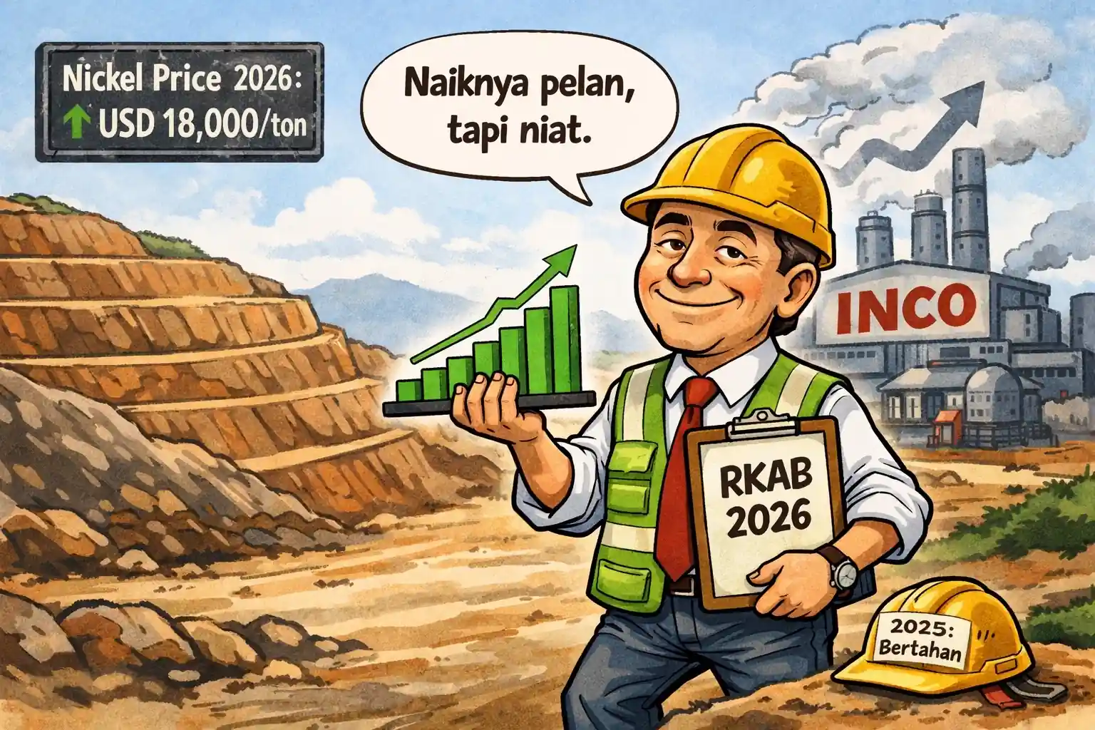 Saham INCO naik bertahap didukung akumulasi asing dan pemulihan harga nikel global 2026. Fundamental bertahan, RKAB jadi kunci cerita. Gambar dibuat oleh AI dan