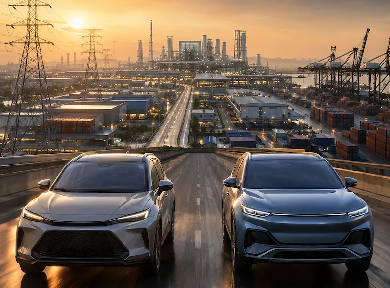 Ilustrasi persaingan di industri otomotif antara Jepang dan China. Gambar dibuat oleh AI untuk KabarBursa.com