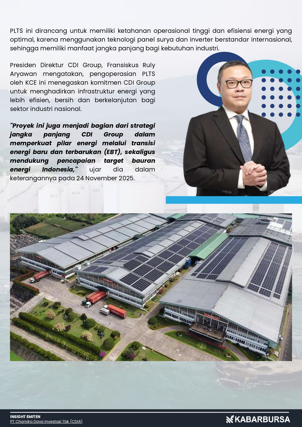 Gebrakan CDIA di Sektor EBT usai Resmi Mengoperasikan PLTS 4,7 MWp